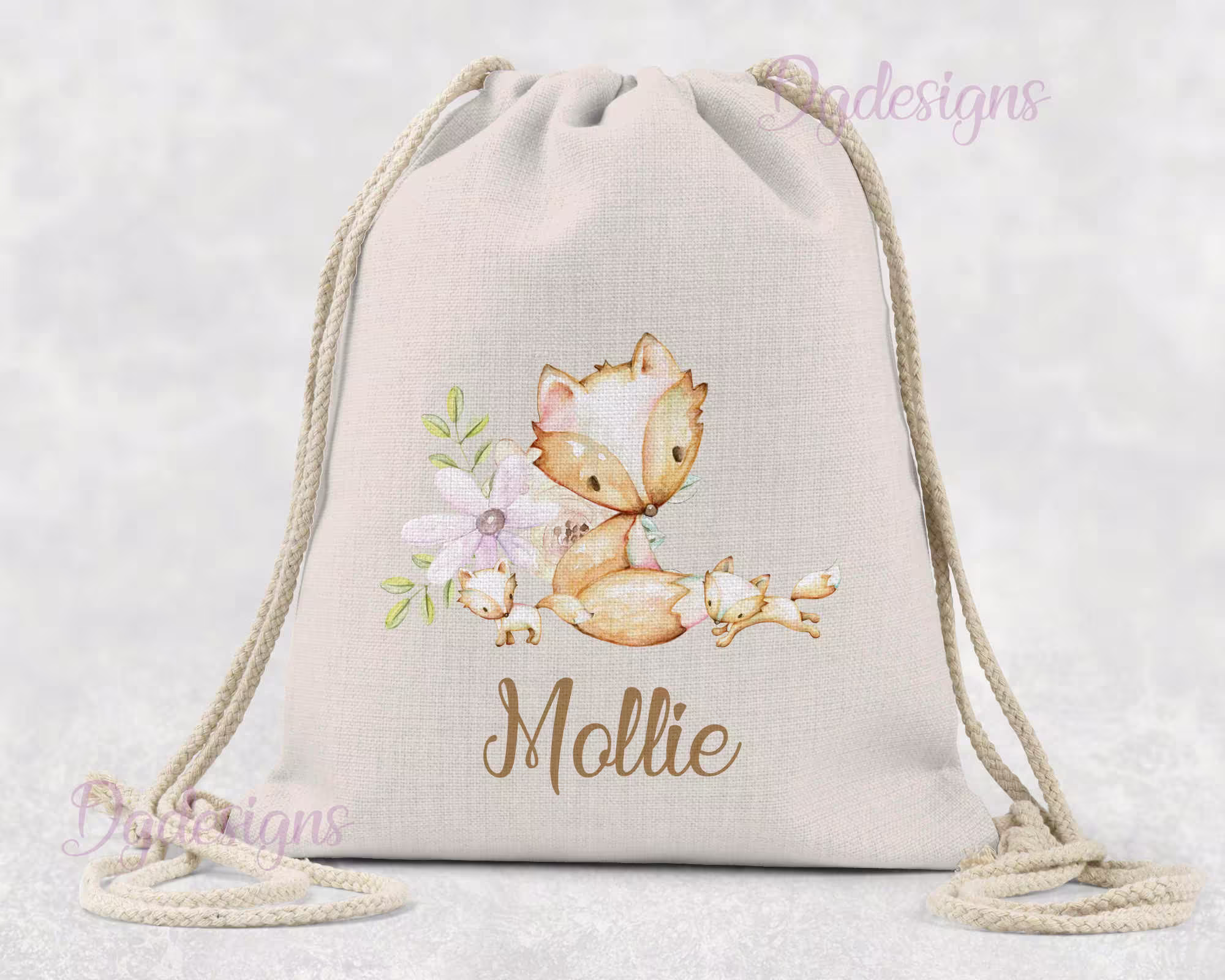 Personalised Bag Dance Gym Baby Gift Drawstring Linen Fox & Cubs