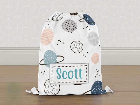 Personalised Space Planets Gym Bag, Boys Kids Drawstring Childrens School Pe Swim Bag | Customise With Any Name