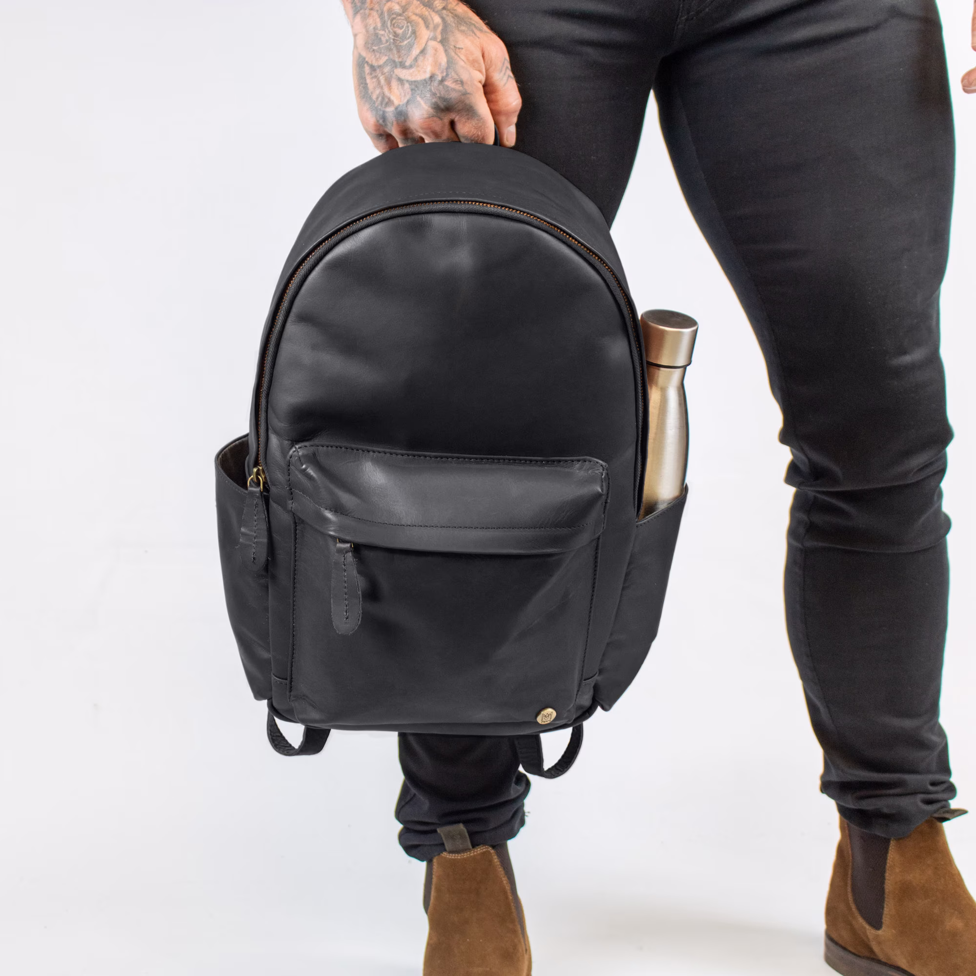 Personalized Black Leather Backpack With Side Pockets & 13