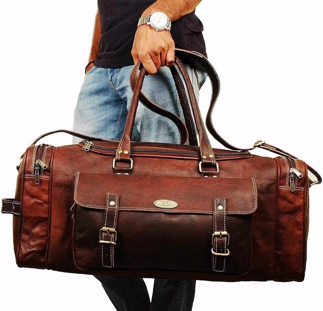 Men Large Leather Duffel Bag, Travel Weekend Bag, Weekender Luggage Traveling Overnight Gym Bag