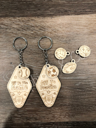 Off To The Game Keychain, Practice Sports Wood Laser Cut, Engraved