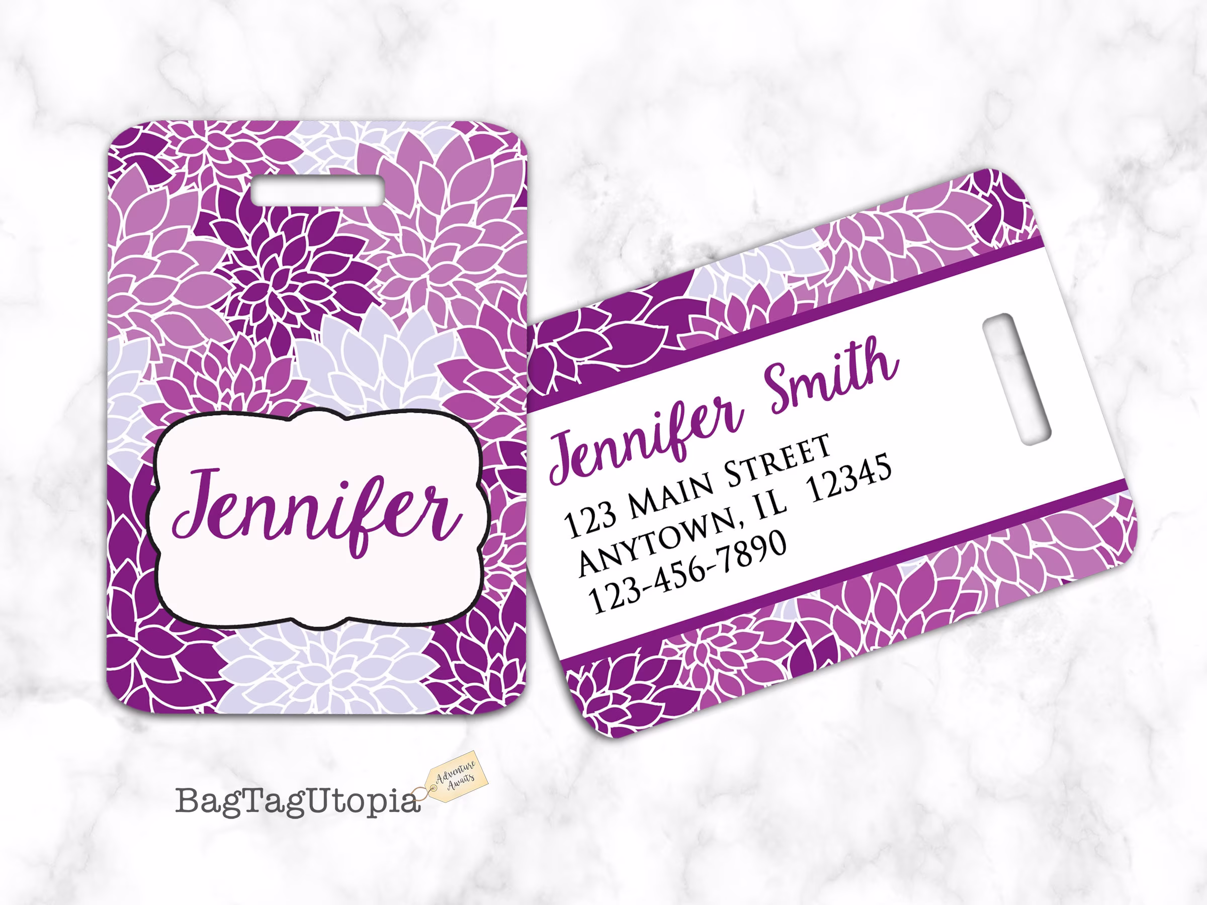 Purple Zinnia Floral Print Luggage Tag, Bag Personalized