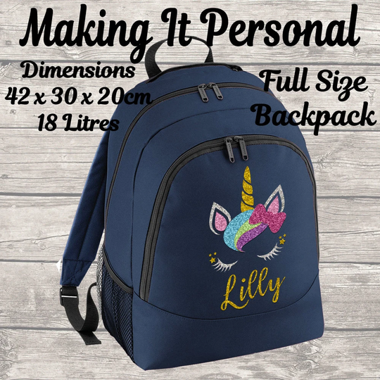 Personalised Unicorn Backpack Bag Rucksake Girls Navy Add Your Name Full Size 18 Litres Kids