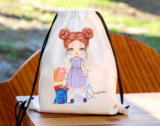 Personalised Purple School Girl Drawstring Bag, P.e Kit Back To Nursery Kids Swim Gym Dance