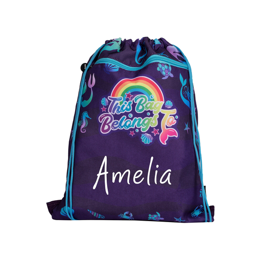 Personalised Kids Drawstring Bag With Zipped Pocket Pe Swimming Mermaid Gym School For Boys Girls