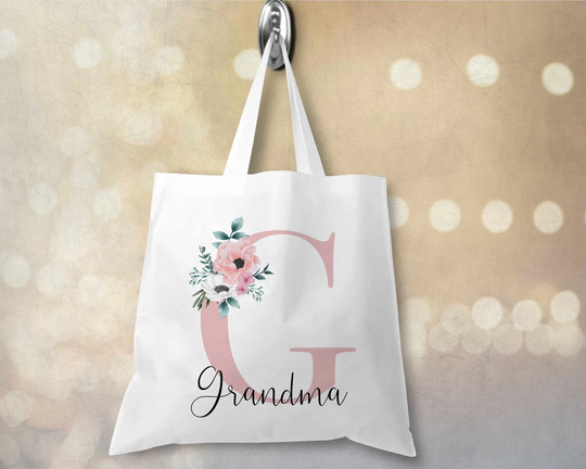 Personalised Tote Bag Grandma Shopping Tote Initial Large Floral Letter White