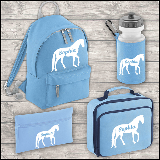 Personalised Horse 9 Litre Backpack Water Bottle & Lunch Bag Free Pencil Case Back To School Sky Blue Kids Mini Size