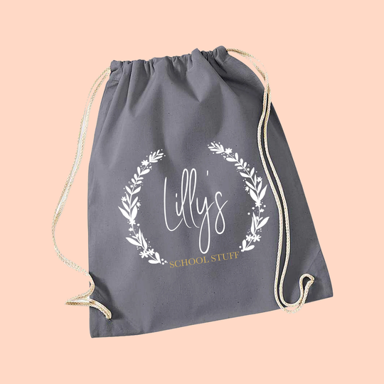 Kids Personalised P.e/Sports Drawstring Backpack Bag, Cotton Children's P.e Drawstring Sack, Grey Flower Design, Custom Text, Add Name