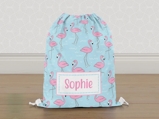 Personalised Flamingo Gym Bag, Light Blue Girls Kids Drawstring Childrens School Pe Swim Bag | Customise With Any Name