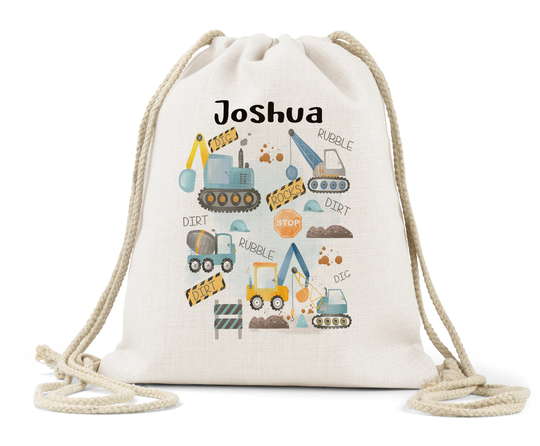 Personalised Drawstring Bag Linen Kids Children's Boys Backpack Toys Nappy Nursery School P.e Book Diggers Lorries