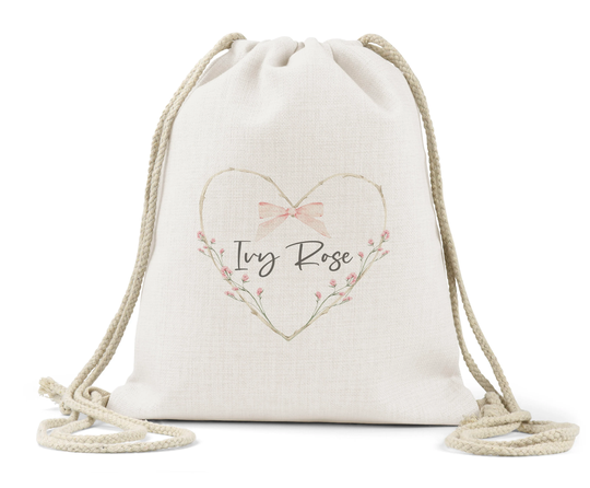 Personalised Drawstring Bag Linen Kids Children's Girls Backpack Toys Nappy Nursery School P.e Book Dusky Pink Floral Heart