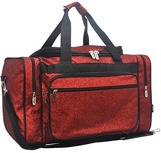20 Inch Ngil Red Glitter Duffle, Personalize Girls Glitter Duffle, Overnight Red Travel Duffle