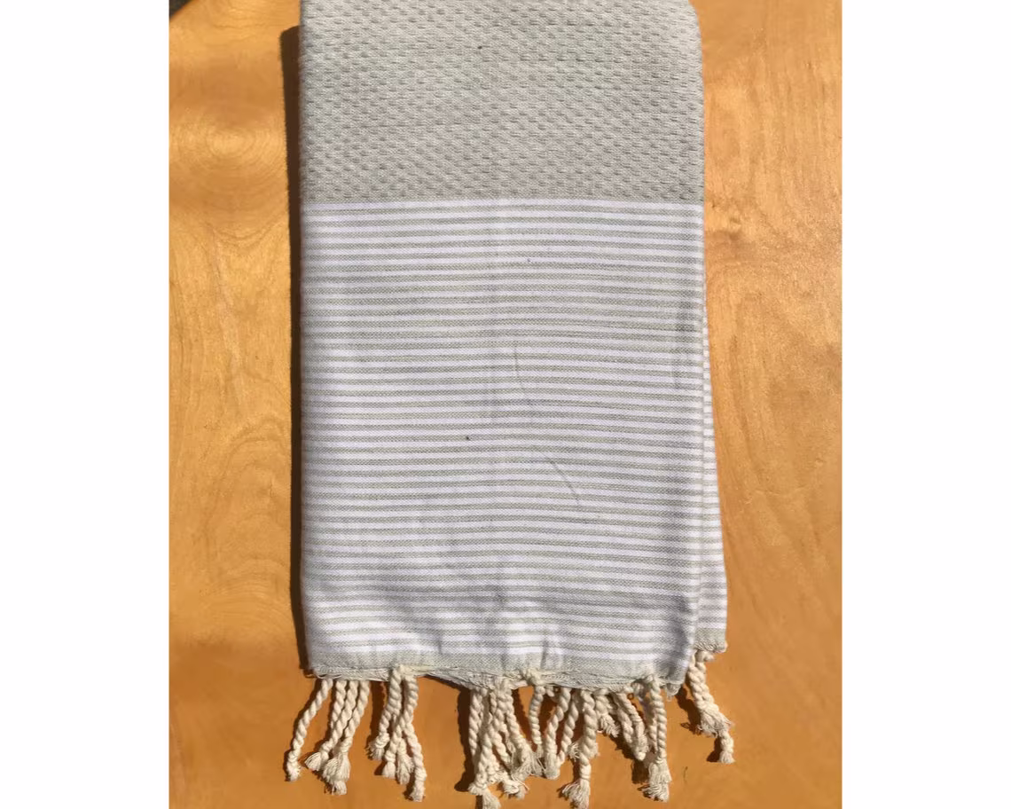 Grey Stripe Fouta Towel, Tunisian Cotton Hammam Turkish Quick Dry Beach Silver Decor