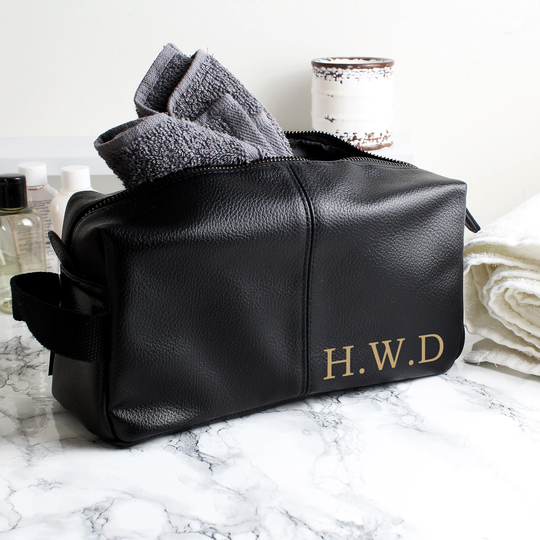Personalised Luxury Initials Black Leatherette Wash Bag | Mens Toilet Fathers Day Gift