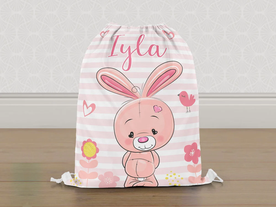 Personalised Cute Bunny Rabbit Gym Bag, Girls Kids Drawstring Childrens School Pe Swim Bag | Customise With Any Name