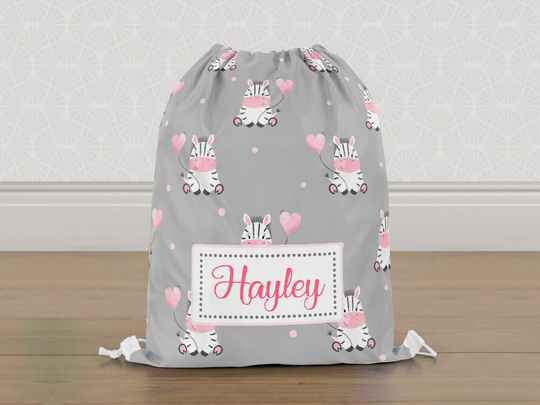 Personalised Zebra Gym Bag, Girls Kids Drawstring Childrens School Pe Swim Bag | Customise With Any Name