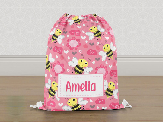 Personalised Bumble Bee Gym Bag, Be Happy Girls Kids Drawstring Childrens School Pe Swim Bag | Customise With Any Name