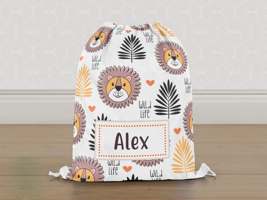 Personalised Lion Gym Bag, King Of The Jungle Boys Girls Kids Drawstring Childrens School Pe Swim Bag | Customise With Any Name