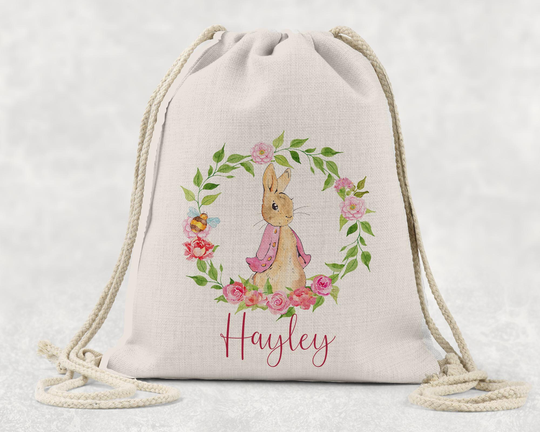Flopsy Rabbit Personalised Bag Dance Gym Baby Gift Play School Nursery Pram Drawstring Linen
