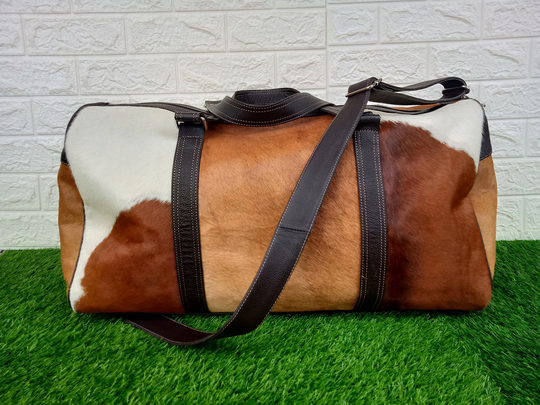 Real Cowhide Leather Duffel Bag Large Travel Brown White Patchwork Weekender Gym Overnight