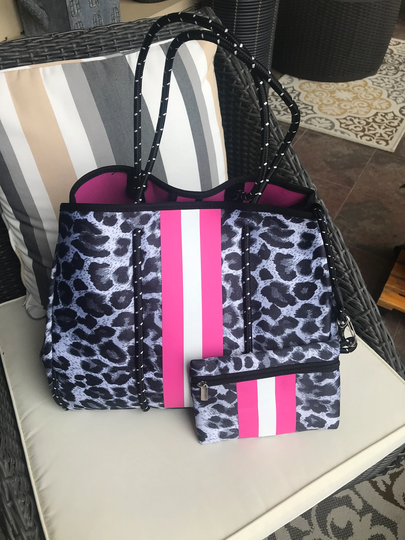 Neoprene New Tote, Leopard Print Beach, Gym, Sports, Detachable Pouch