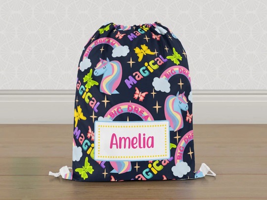 Personalised Magical Unicorn Gym Bag, Girls Kids Drawstring Childrens School Pe Swim Bag | Customise With Any Name