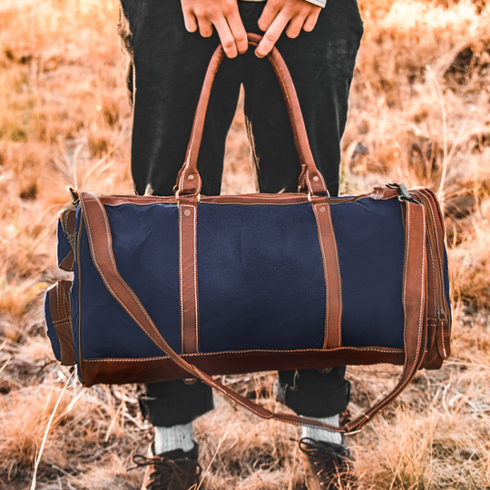 Personalized Canvas Leather Holdall/Duffle - Weekend Bag/Overnight Bag Gym Navy Blue Waxed & Brown Full Grain By Mahi