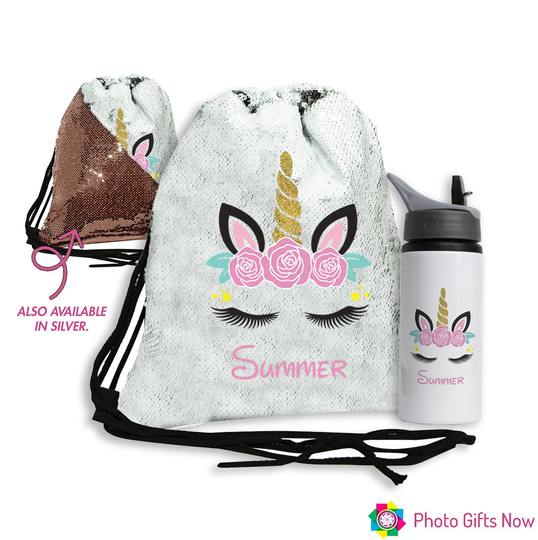 Personalised Sequin Reveal Drawstring Bag & Bottle Unicorn/Flamingo/Llama/ Back To School, Bpa Free