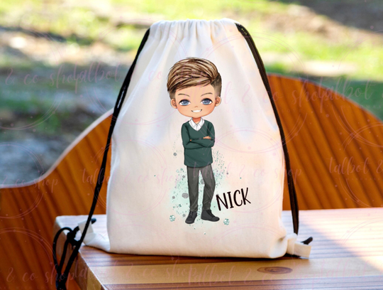 Personalised Green School Boy Drawstring Bag, P.e Kit Back To Nursery Kids Swim Gym Dance
