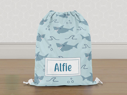Personalised Shark Gym Bag, Boys Kids Drawstring Childrens School Pe Swim Bag | Customise With Any Name