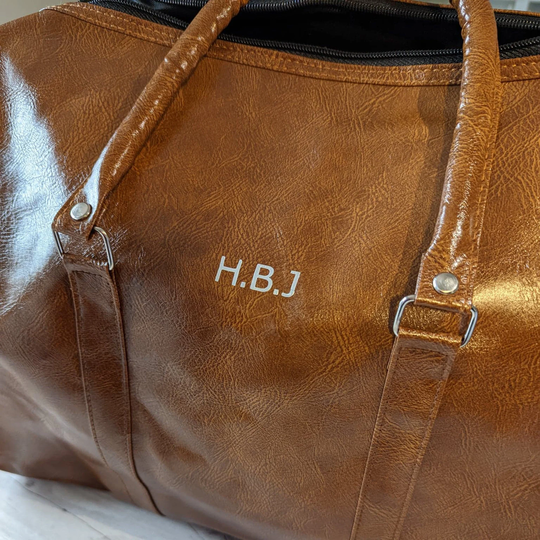Personalised Brown Pu Leather Travel Bag - Unisex Duffle Overnight Holdall
