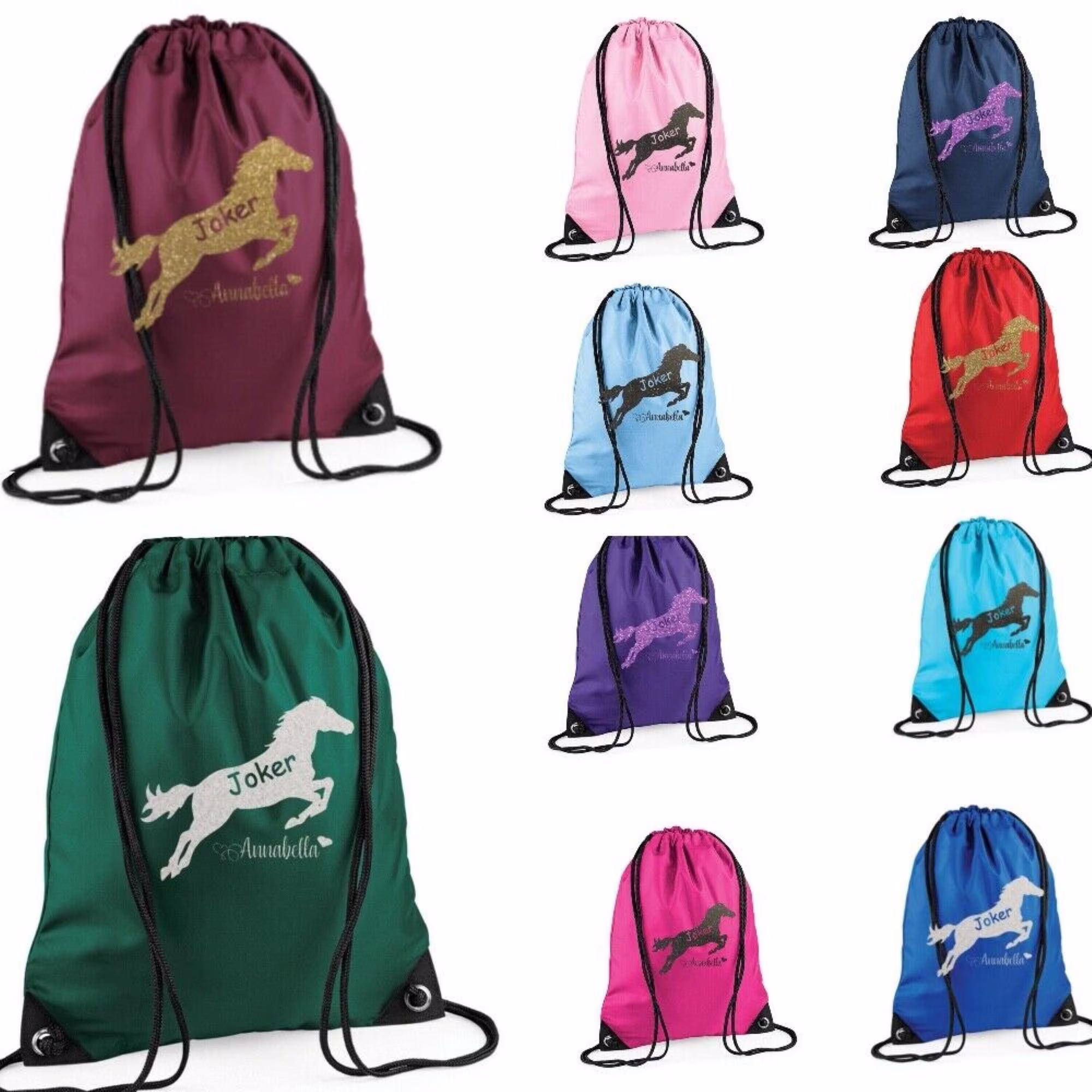 Personalised Horse Glitter Print Drawstring Gym Bag Dance/ P.e Kit /Sports