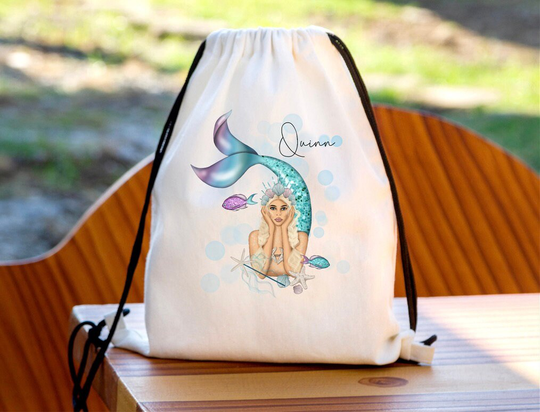 Personalised Rainbow Mermaid Drawstring Bag, P.e Kit Back To School Nursery Kids Swim Gym