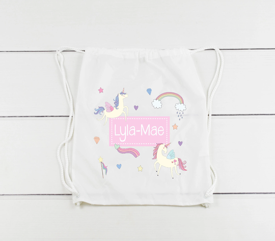 Personalised Drawstring Bag Kids School Unicorn Swimming Back To Princess Pe
