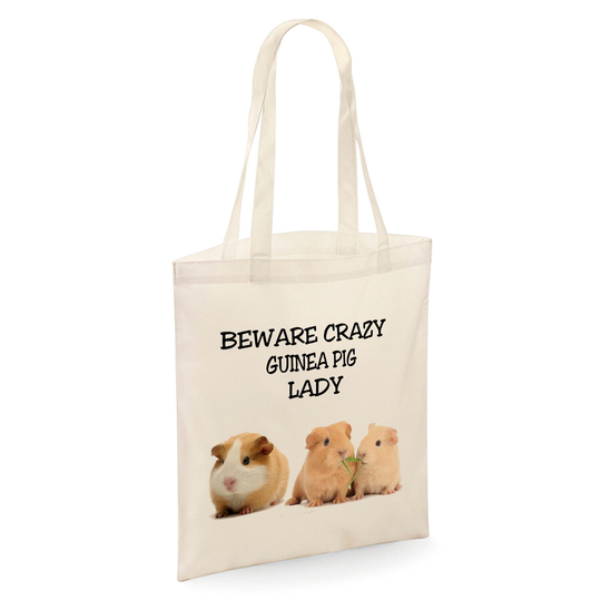 Beware Crazy Guinea Pig Lady Funny Tote Shopper Bag - Natural Colour