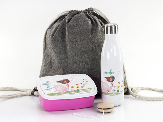 Gift Set For School, Personalized With Desired Name, Motif Flower Princess Girl, Bread Box, Drinking Bottle & Bag School Daycare