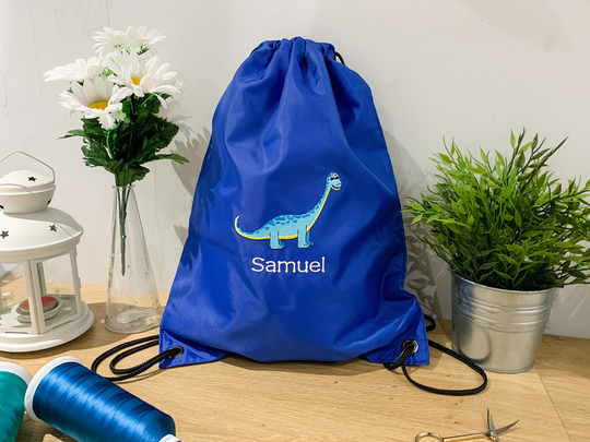 Personalised Dinosaur Bag, Drawstring Bag, Boys School Embroidery, Nursery Dinosaur Kids Pe Welly Boot
