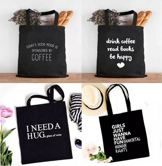 Fun Slogan Black Canvas Tote Bag Eco Reusable Shopping - Stylish, Large & Durable Choice Of 5 Designs