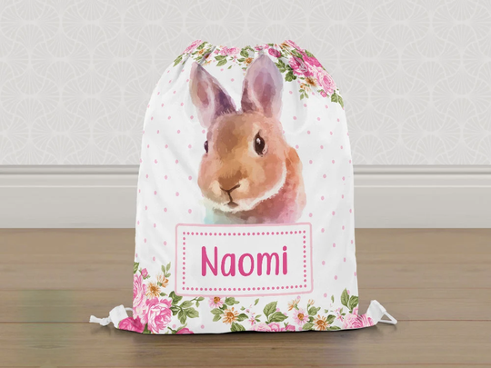 Personalised Bunny Rabbit Gym Bag, Water Coloured Girls Kids Drawstring Childrens School Pe Swim Bag | Customise With Any Name
