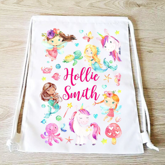 Fairytale Creatures Bag Fairy Unicorn Mermaid Backpack Drawstring Pe Gym Girls Sports Personalised School