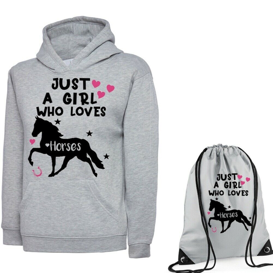 Just A Girl Who Love Horses Hoodie With Choice Of Matching Bag Age 2-13