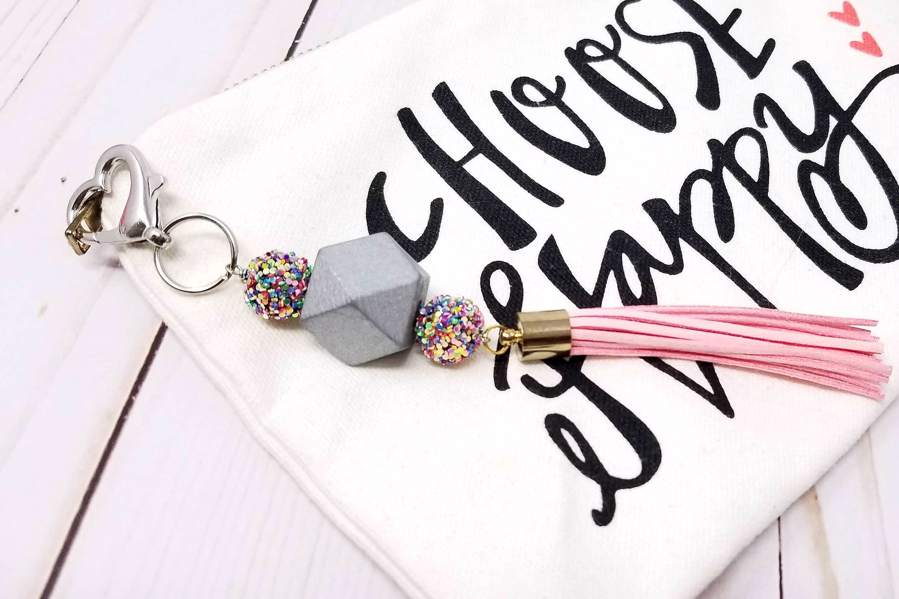 Pink Silver Beaded Tassel Keychain, Boho Purse Backpack Zipper Pull Charms, Her Birthday, Bling Keychain