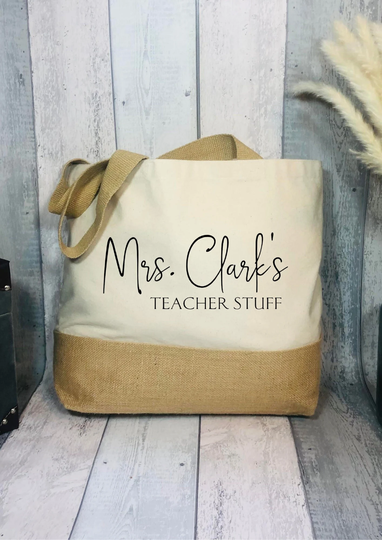 Personalised Teacher Jute Tote Bag, Teachers Bags, Shopper, Gift For Teacher, Unique Custom Design, Present From Students, Trainee