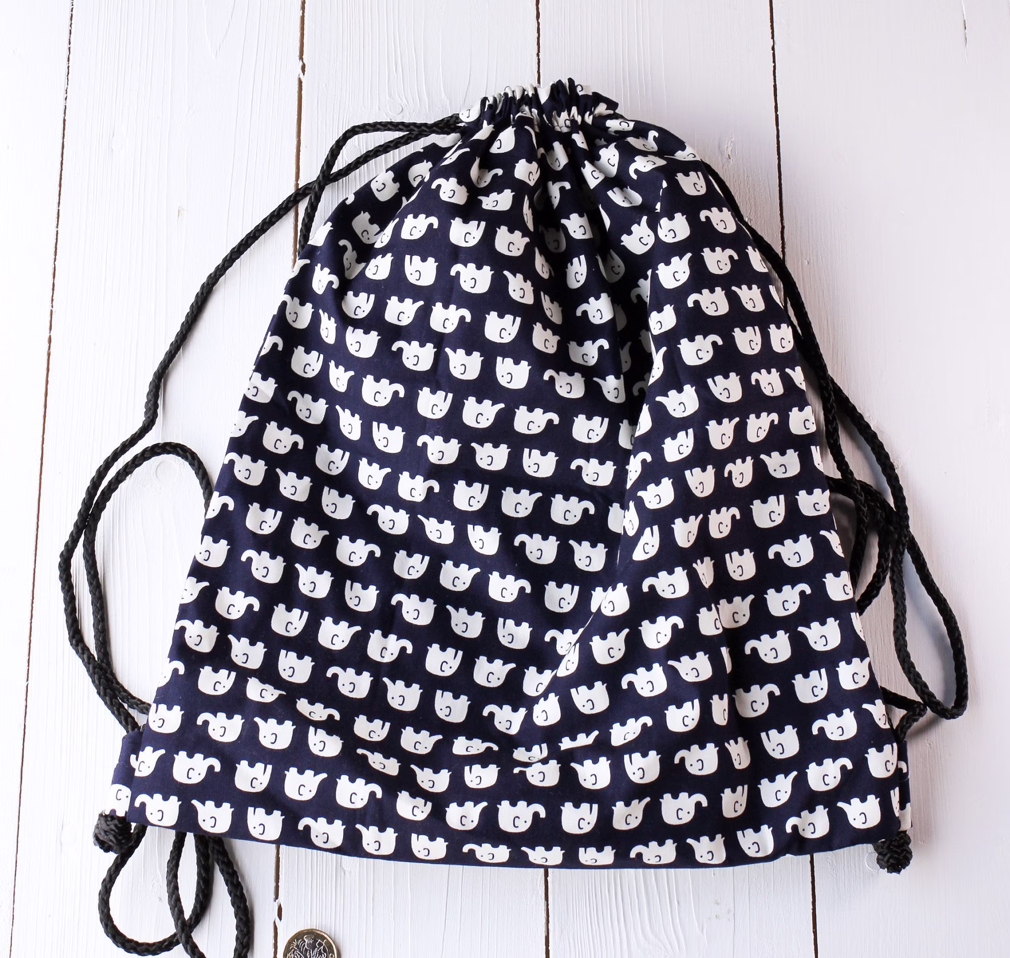 Handmade Navy White Elephant Pe Cotton Drawstring Bag Gym-Sac Ballet Swimming