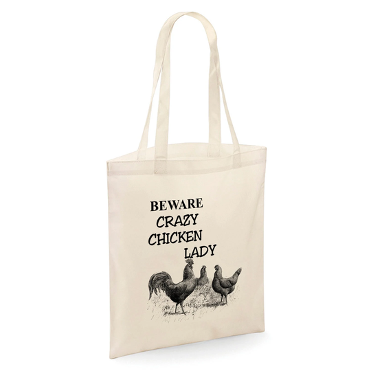 Beware Crazy Chicken Lady Tote Shopper Bag - Natural Colour