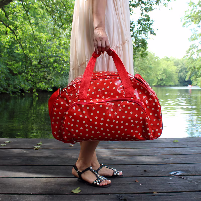 Ikuri Weekender Bag - Waterproof Messenger Handmade Handbag in Oilcloth Travel Holdall Crossbody Shoulder Lunares Red