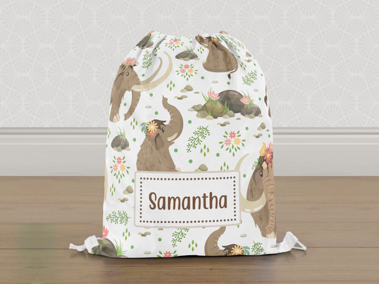 Personalised Mammoth Elephant Gym Bag, Girls Kids Drawstring Childrens School Pe Swim Bag | Customise With Any Name