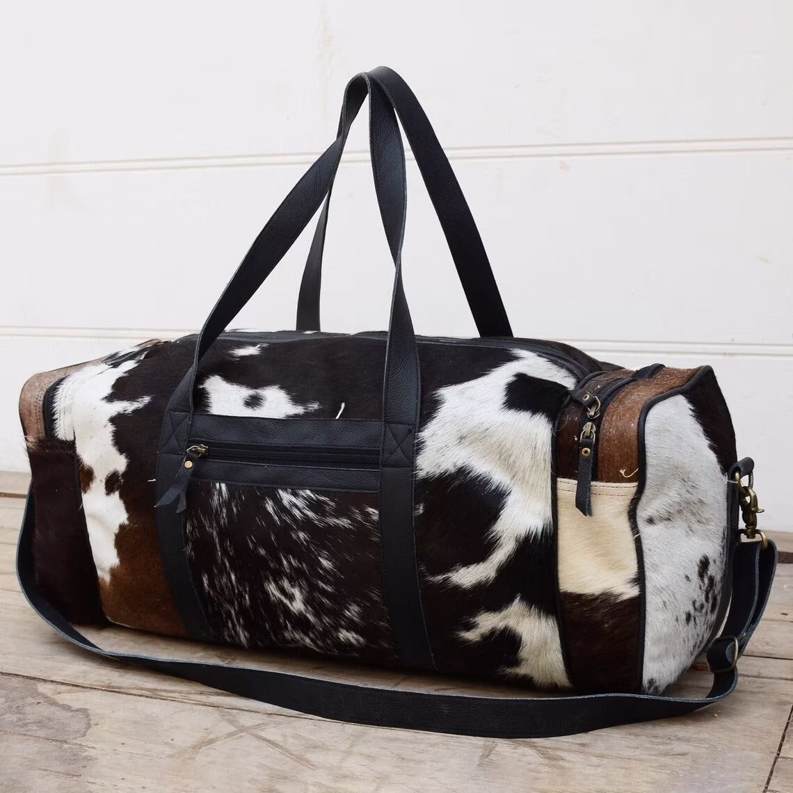 Cowhide Leather Duffel Bag Large Cow Hide Travel Tri Color Skin Duffle Holdall Brown Tricolor Weekender Gym Overnight