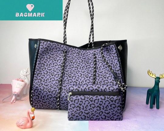 Purple Leopard Grain With Small Zippered Purse Neoprene Tote, Neoprene Tote Bag, Purses & Bags, Beach Bag, Tennis Bag