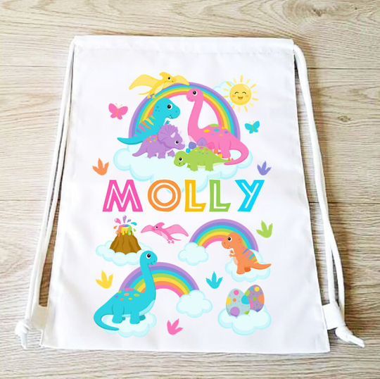 Rainbow Dinosaur Drawstring Backpack Bag Pe Gym Girl Sports Personalised Dinosaur School Swim
